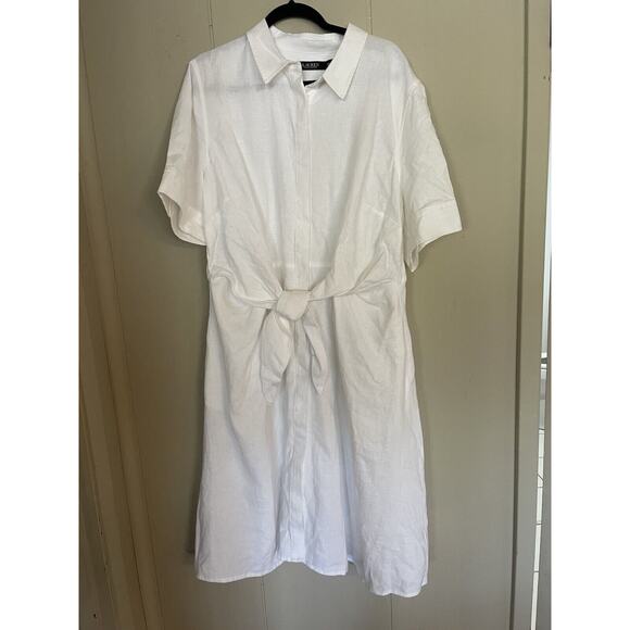 LAUREN RALPH LAUREN 100% Linen Fit & Flare Shirtdress 20W White Pockets NWT - Picture 6 of 10
